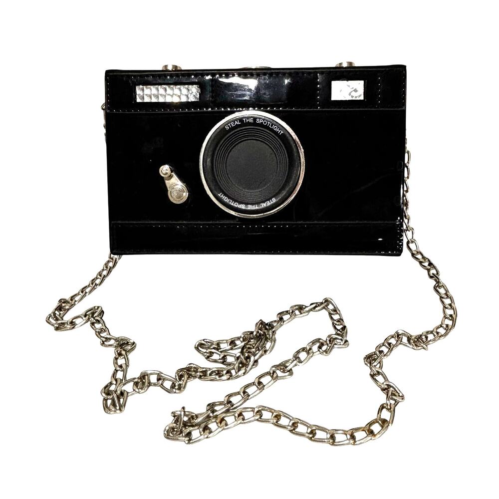 Black Evening Bag Novelty Camera shaped purse chunky silvertone chain strap
